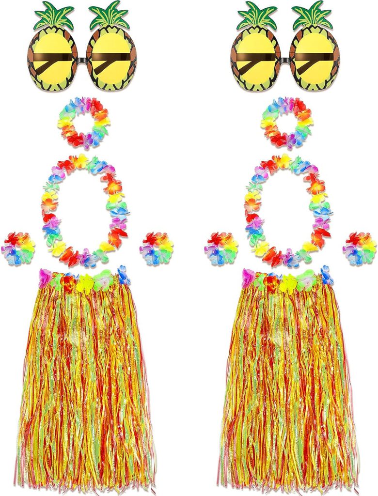2 Sets 60 cm Hawaiian Hula Grass Skirt with Pineapple Sunglasses Flower Accessories, Straw
