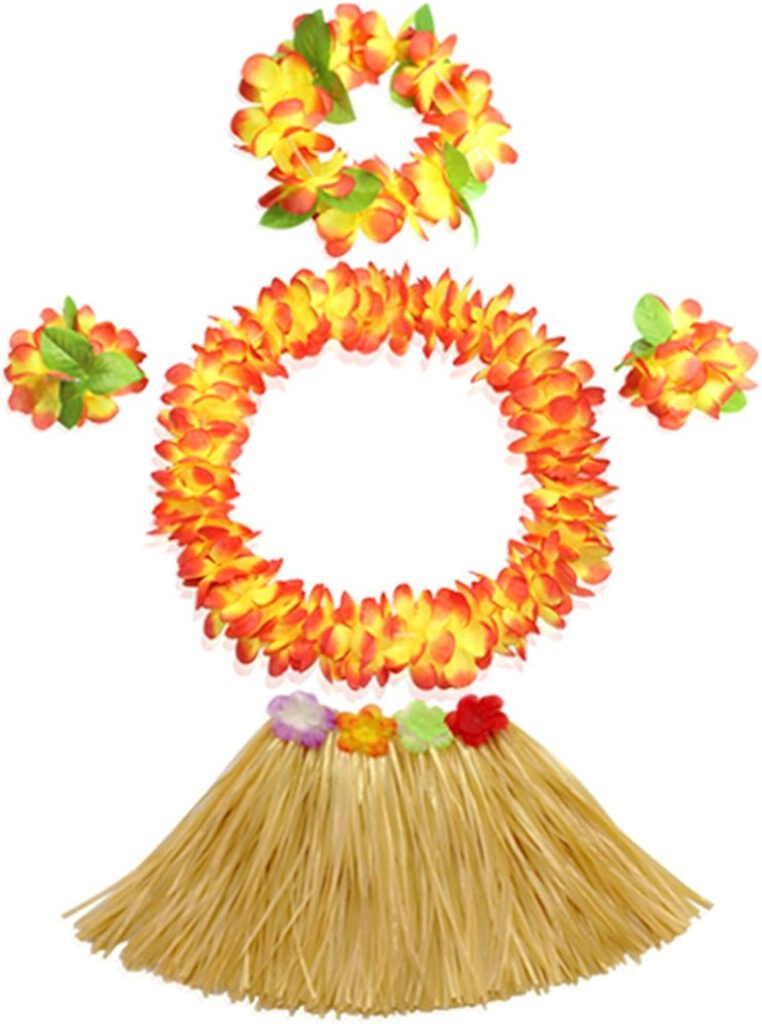 30cm Kids Elastic Grass Skirt with Flowers Bracelets Headband Necklace Hula Set
