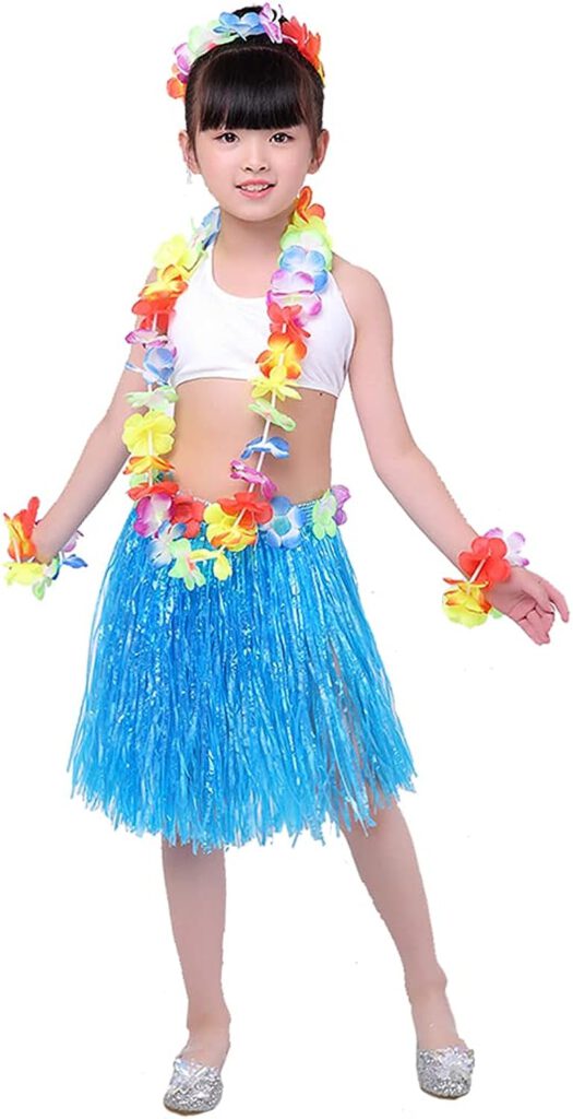 5pcs Hawaiian Hula Grass Skirt for Girls with Flower Costume Set for Luau Party Kids Dancing Accessory kit