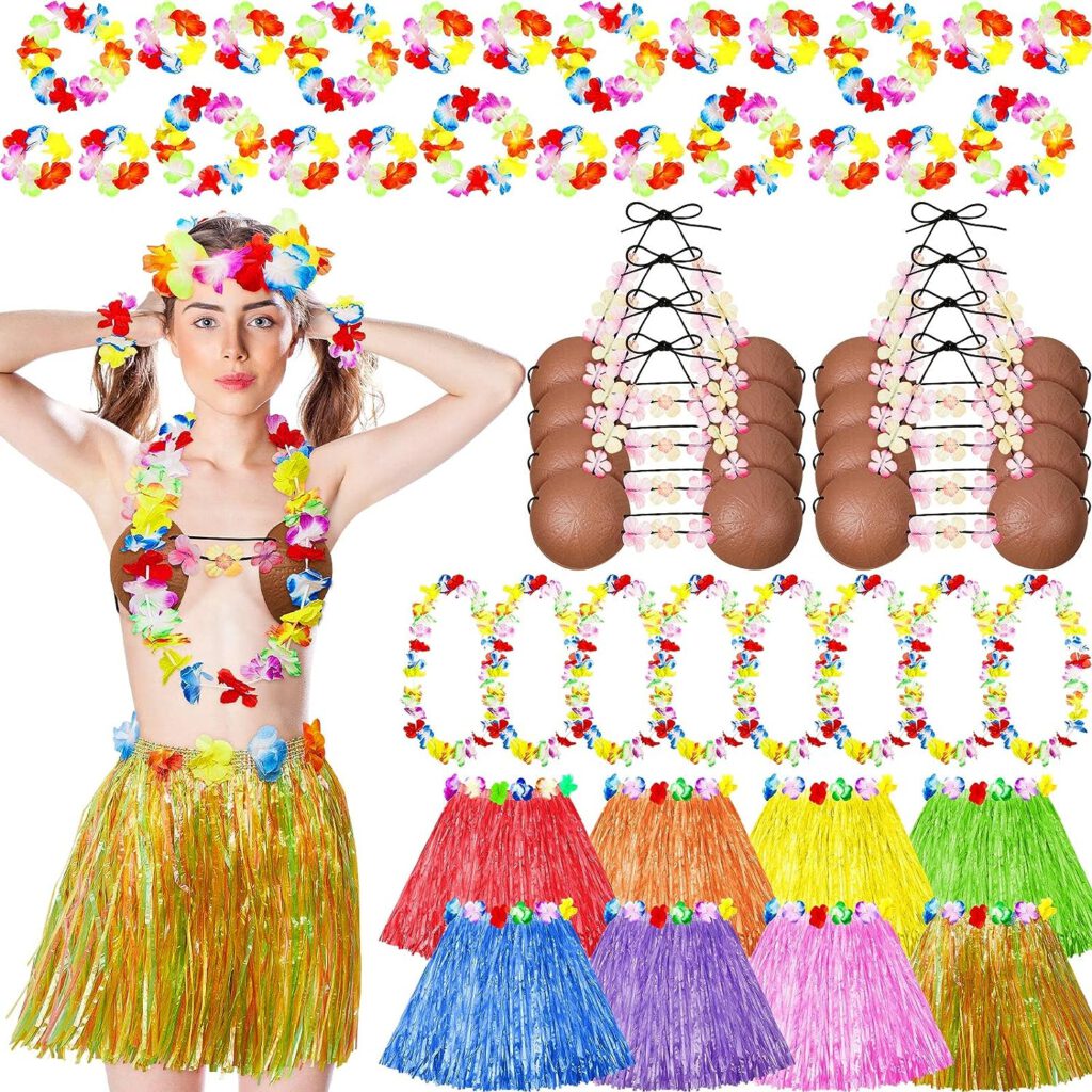 8 Sets Hula Skirt Costume Accessory Kit with 40 cm Hawaiian Grass Skirts,Girls Coconut Bra,Wreath Necklace and Headbands,Flower Bracelets for Girl Luau Party Tropical Party Favors Supplies