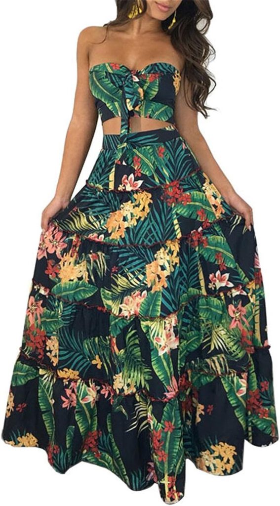 Cluster 2Pcs Women Suits Wrapped Crop Top + Skirt Set Party Club Maxi Dress