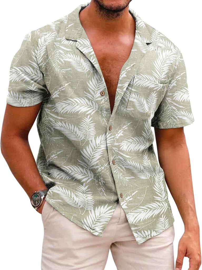 COOFANDY Mens Hawaiian Floral Cotton Linen Button Down Tropical Holiday Beach Shirts