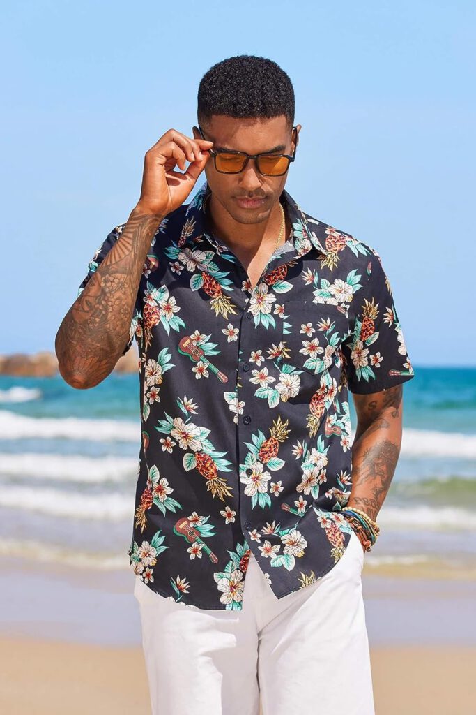 COOFANDY Mens Hawaiian Shirt Short Sleeve Casual Button Down Floral Printed Beach Shirts with Pocket