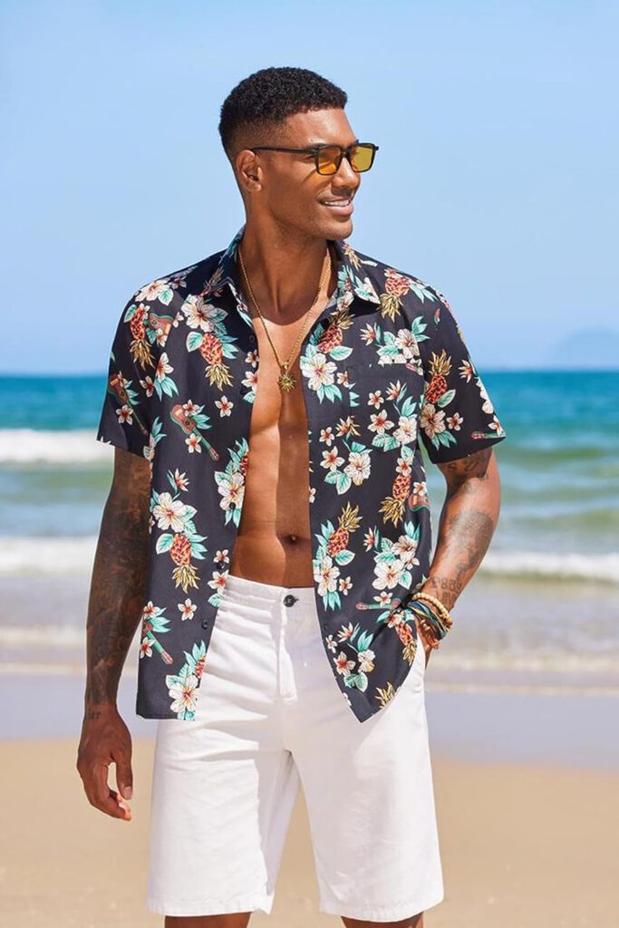 COOFANDY Mens Hawaiian Shirt Short Sleeve Casual Button Down Floral Printed Beach Shirts with Pocket