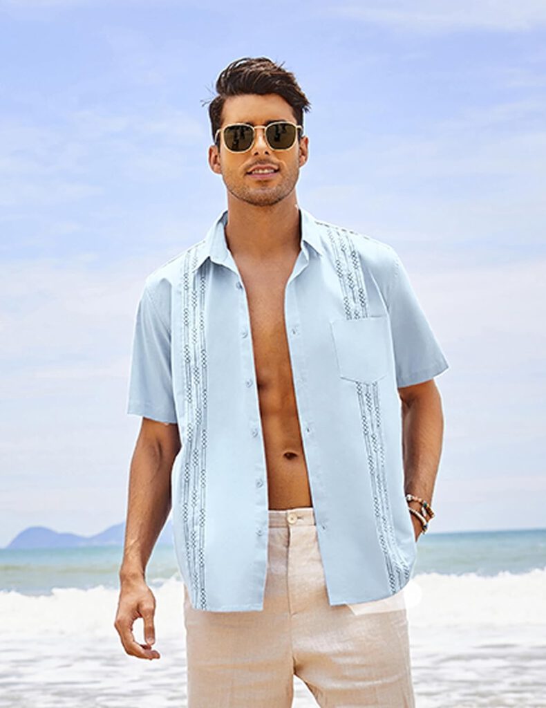 COOFANDY Mens Short Sleeve Linen Shirt Cuban Beach Tops Pocket Guayabera Shirts