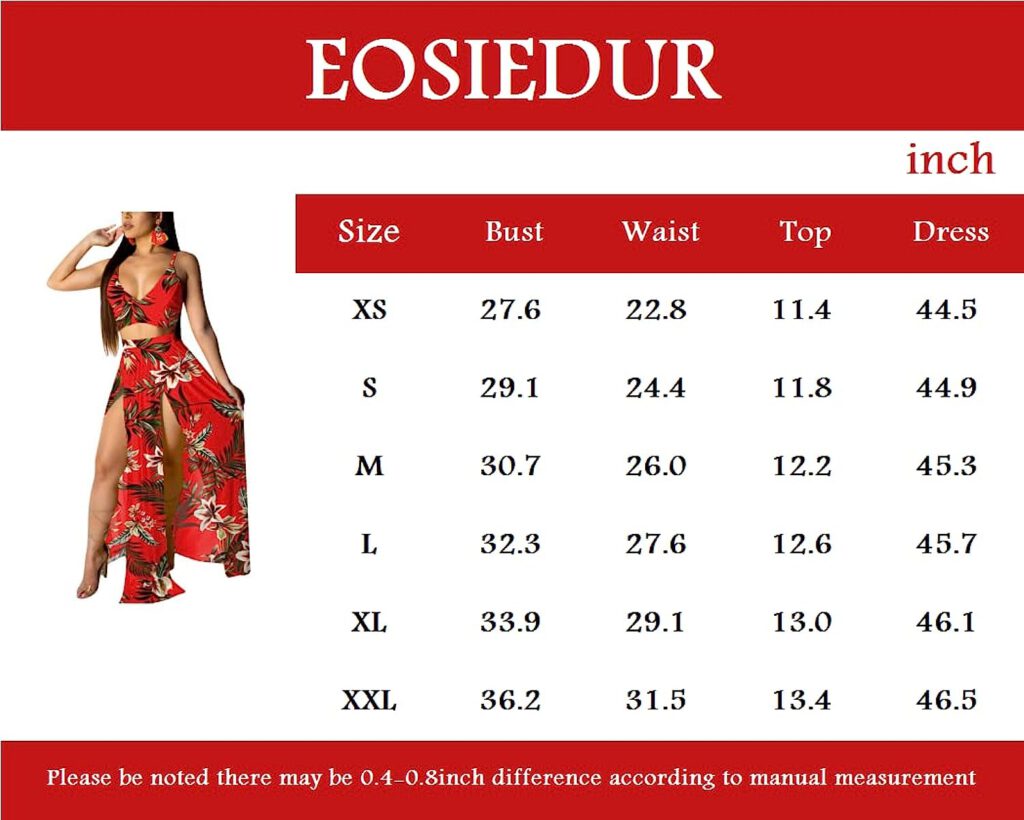 EOSIEDUR Womens Chiffon Bohemian Floral Printed 2 Piece Sets Crop Cami Top  Split Beach Party Maxi Dress