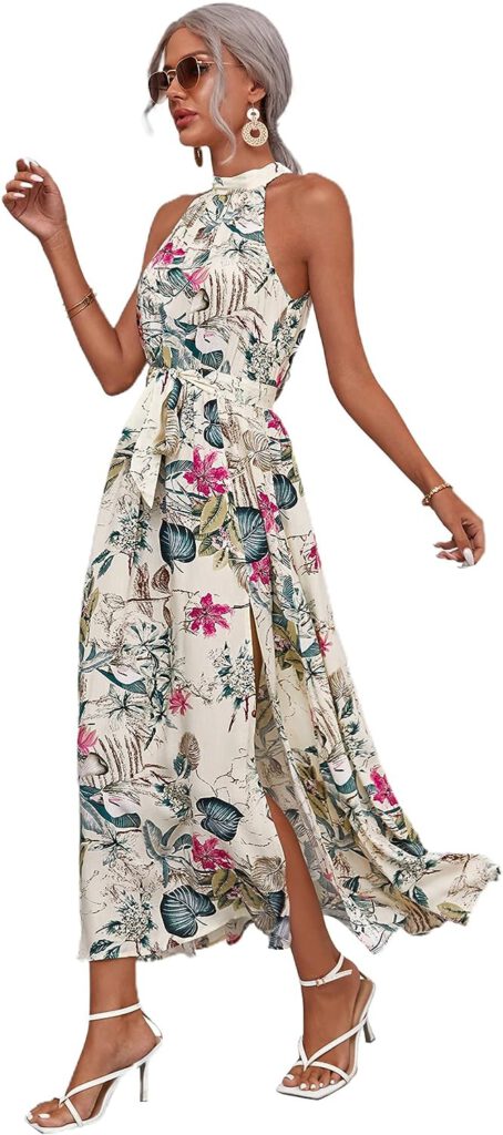 Floerns Womens Sleeveless Halter Neck Vintage Floral Print Maxi Dress
