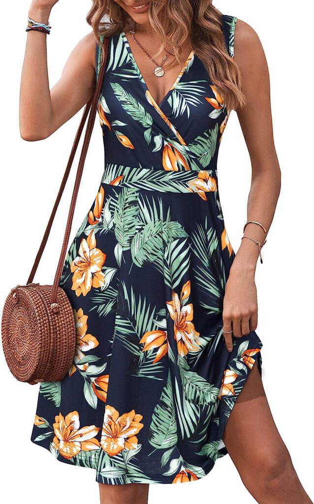 GUBERRY Womens Wrap V Neck Sleeveless Sundress Summer Flare Tank Dress with Pockets