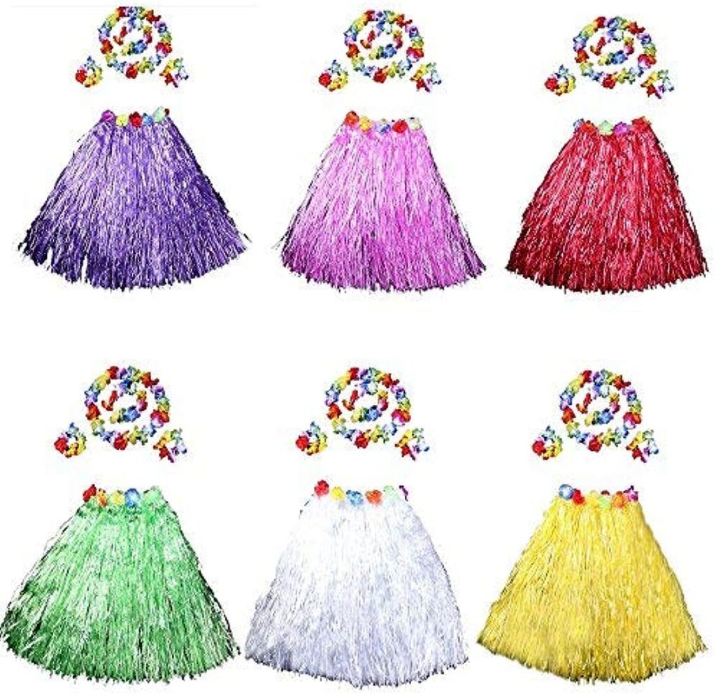 HLJgift 24 Long Adults Flowered Luau Hula Skirts With Costume Set Pack of 6, Assorted Colors