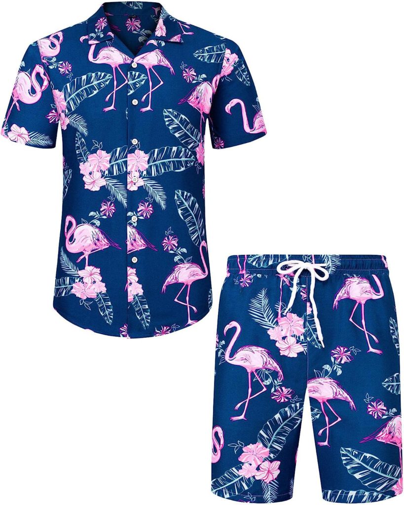 J.VER Mens Hawaiian Shirts Casual Button Down Short Sleeve Shirts Set Printed Shorts Beach Tropical Hawaii Suits
