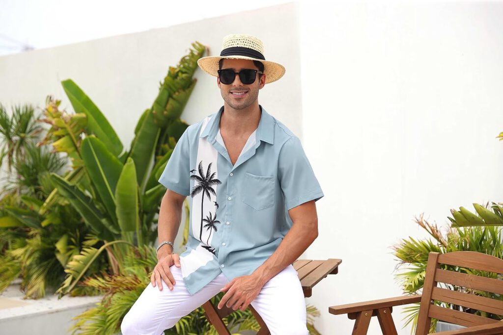 Mens Short Sleeve Button Down Vintage Bowling Shirts Hawaiian Casual Printed Beach Shirt Summer Regular Fit Top