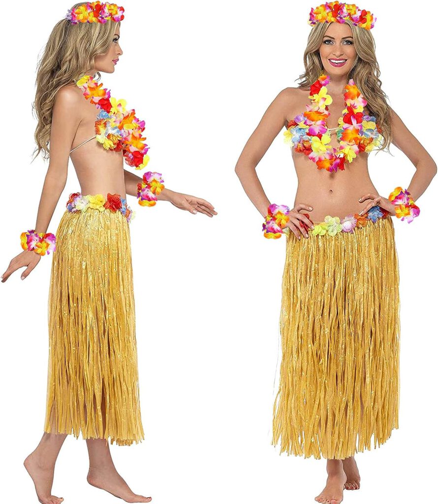 PHOGARY 8 Pack Hula Skirt Costume Accessory Kit for Hawaii Luau Party - Dancing Hula with Flower Bikini Top, Hawaiian Lei, Hibiscus Hair Clip, Pineapple Sunglasses for Women(Straw color)