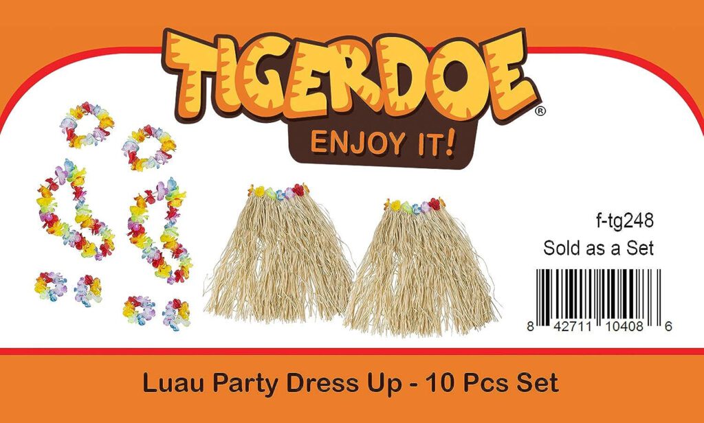 Tigerdoe Hawaiian Costume - Hula Skirt - Luau Costume - Flower Leis - Hawaiian Party Accessories