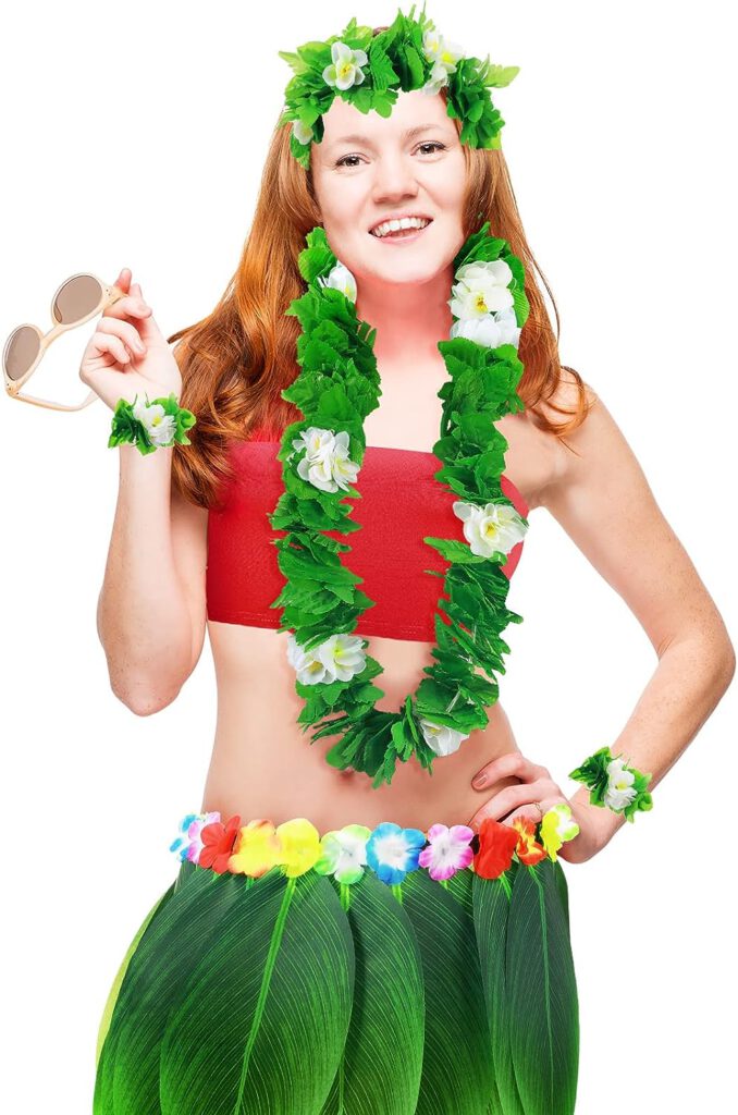 Yahenda 6 Pcs Hawaiian Woman Costume Hula Skirt with Crop Top Flower Necklace and Leis Outfits for Summer Luau Party