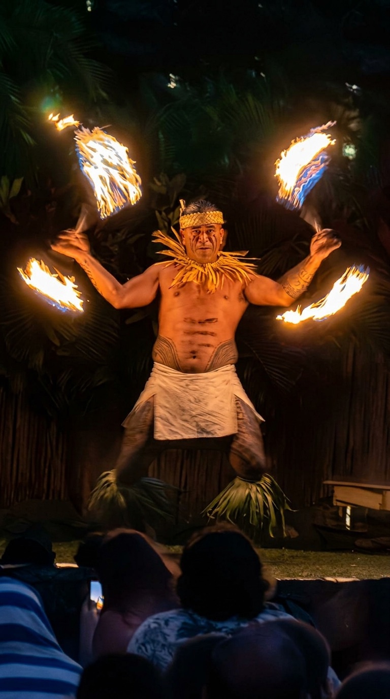 A performer spins four flames above a seated audience
