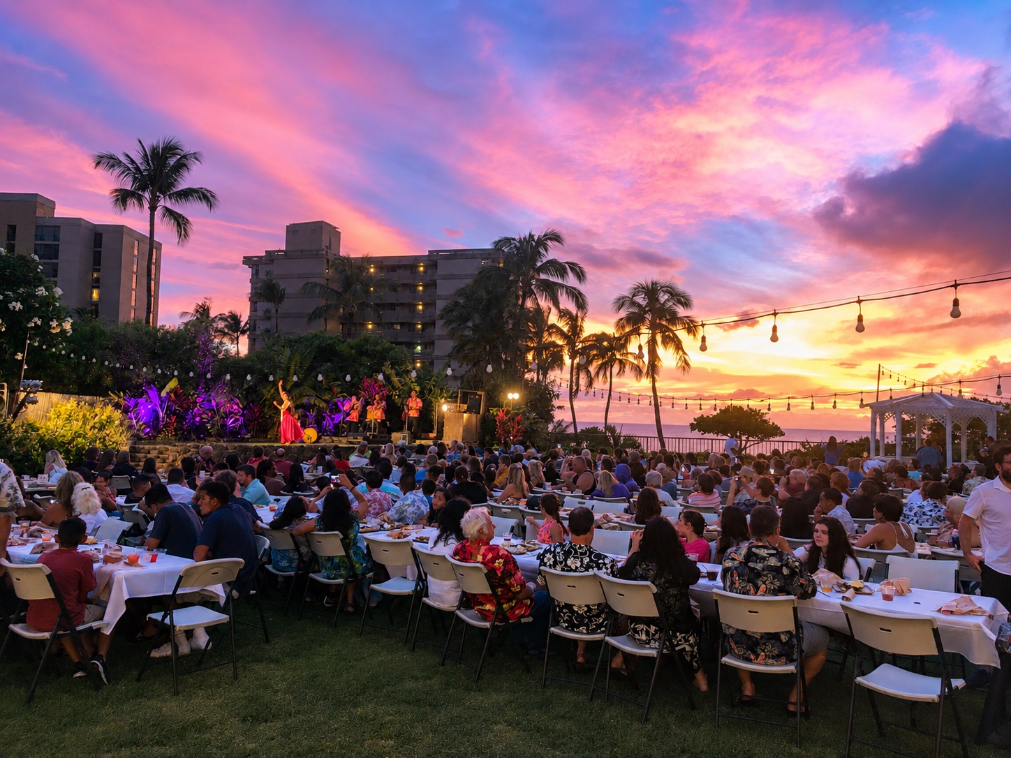 Guests sit at tables beneath string lights and palm trees at sunset