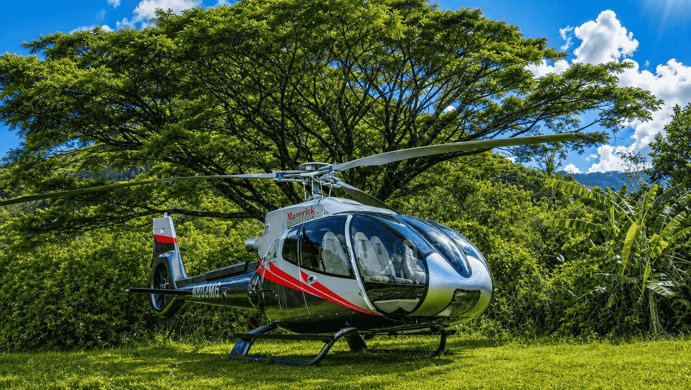 Maverick Helicopters Airbus H130 landed in a clearing in the Hāna rainforest