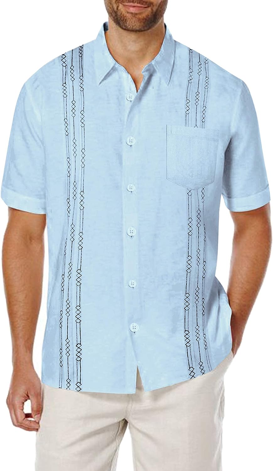 COOFANDY Men's Short Sleeve Linen Shirt Cuban Beach Tops Pocket