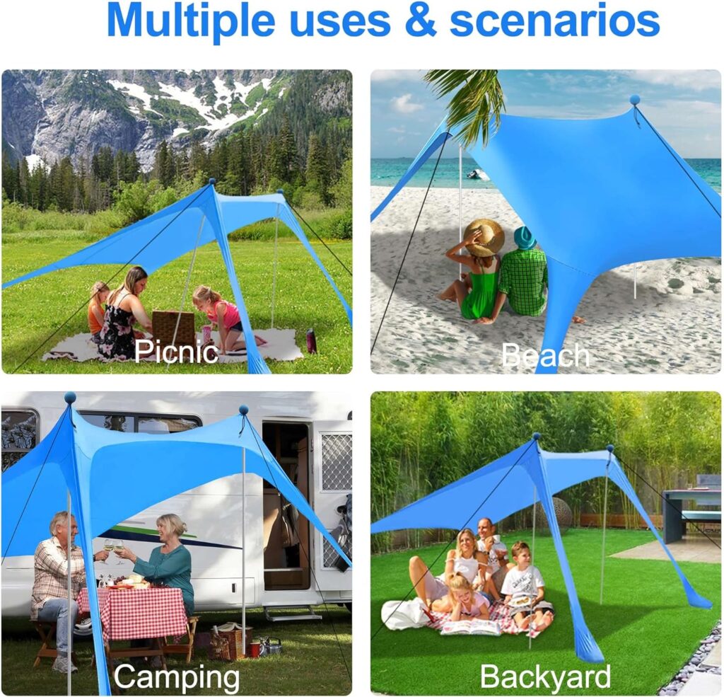 Beach Canopy Tent Sun Shade with UPF 50+ UV Protection, Beach Tent Sun Shelter with Sandbags, Poles and Ground Pegs and Anti-Wind Ropes for Outdoor, Camping, Backyard and Picnics