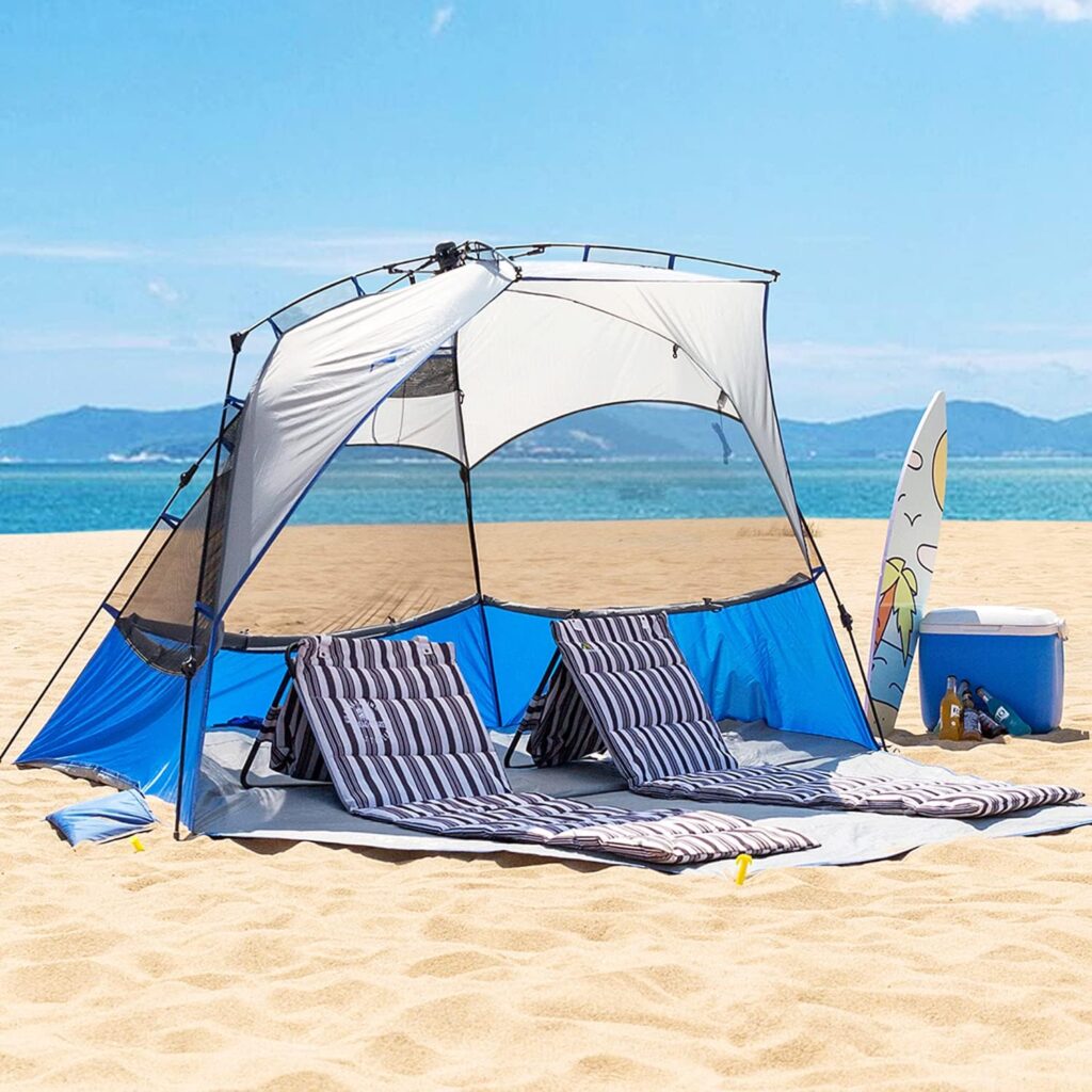 Beach Tent Sun Shelter Pop Up, X-Large 4-5 Person Portable Beach Shade with UPF 50+ Protection,Beach Canopy Umbrellas Windproof  Water-resistant for outdoor-with Sandpockets, stakes andExtended Porch