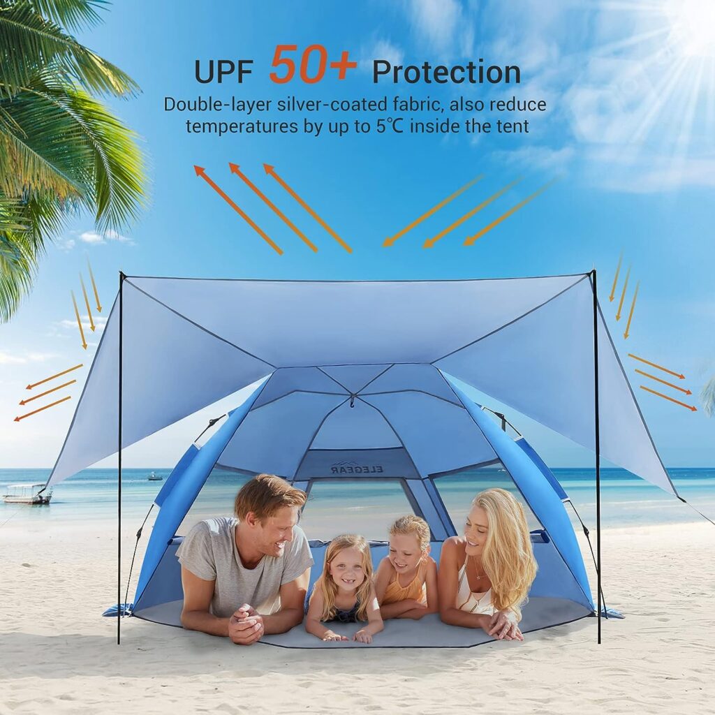 Beach Tent with 360° Removable Canopy, 4-6 Person Pop Up Sun Shade Shelter, UPF 50+ Automated Installation Double Silver Coating Portable Lightweight Beach Cabana for Beach/Camping/Outdoor/Park/Travel