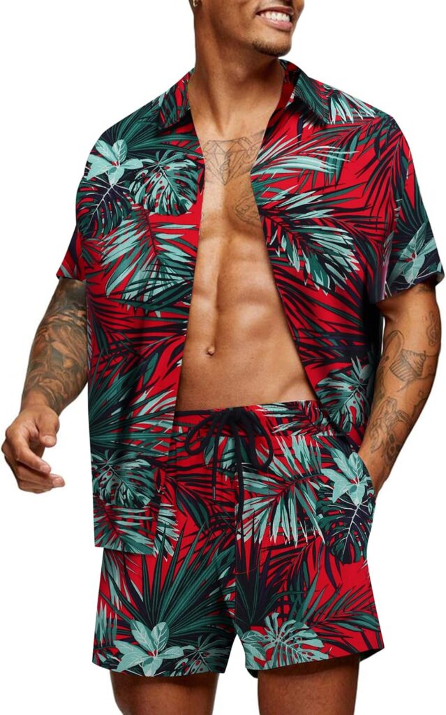 COOFANDY Mens Hawaiian Matching Set Summer Beach 2 Piece Outfits Flower Shirts and Shorts