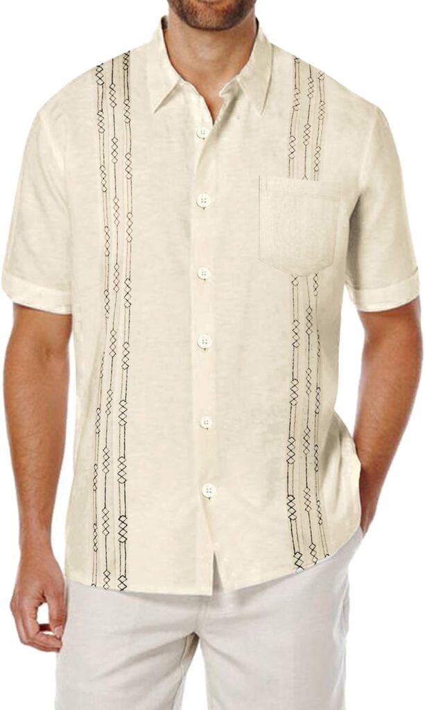 COOFANDY Mens Short Sleeve Linen Shirt Cuban Beach Tops Pocket Guayabera Shirts