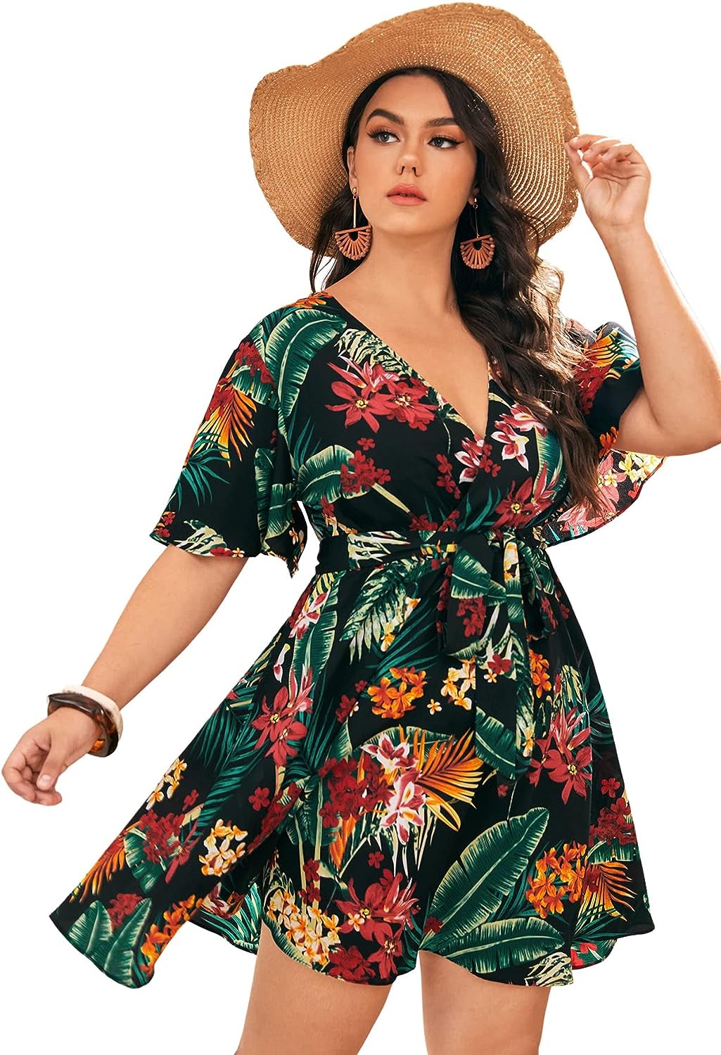 women's v neck tie tropical print dress