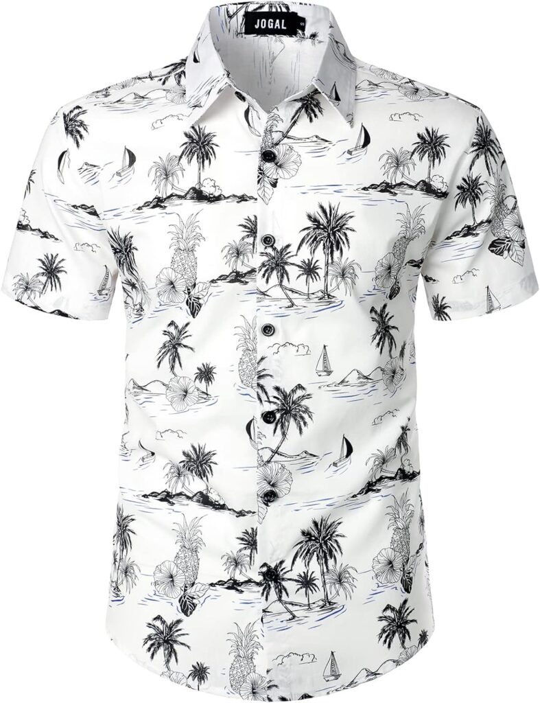 JOGAL Mens Flower Cotton Button Down Short Sleeve Hawaiian Shirt