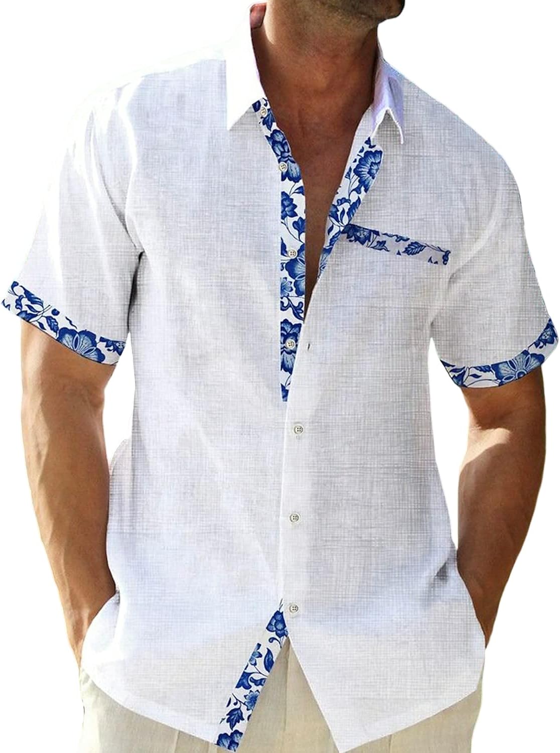 QIVICIMA Men's Hawaiian Shirt Linen Shirt Sleeve White Pink Sky Blue
