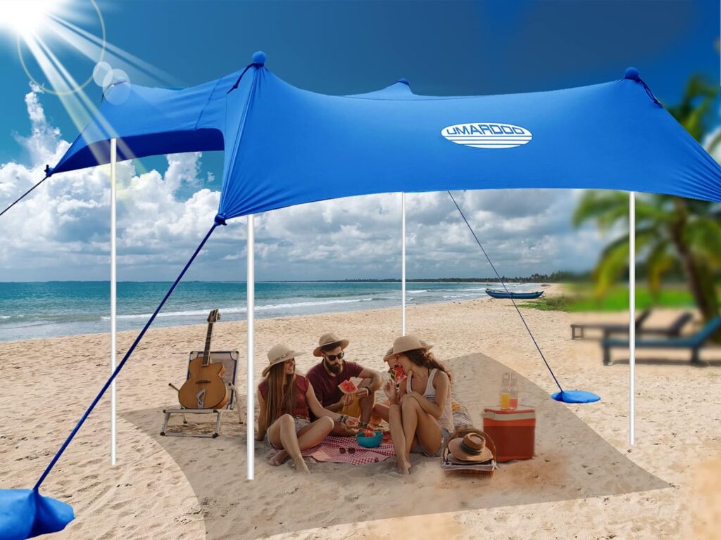 UMARDOO Family Beach Tent Sun Shade Canopy 7×7FT with 4 Aluminum Poles, UPF 50+ UV Protection Easy Setup Pop Up Portable Sun Shelter with Carrying Bag