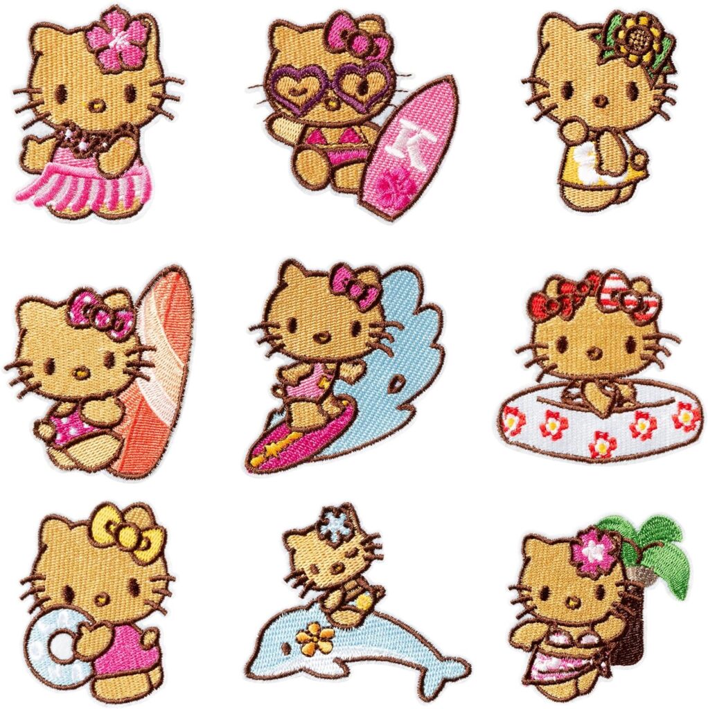 9 Pcs Cute Hawaiian Kitty Embroidered Patches Hawaii Beach Black Kitty Kawaii Cartoon Anime Sew on/Iron on Applique Repair Patch DIY Craft Accessories for Kids Girls Clothing Jacket Jeans Backpack Hat