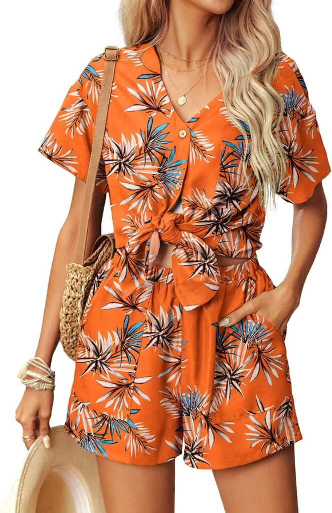 Ekouaer Womens Hawaiian 2 Piece Outfit Short Sleeve Button Down Shirt and Shorts Tracksuit Lounge Set