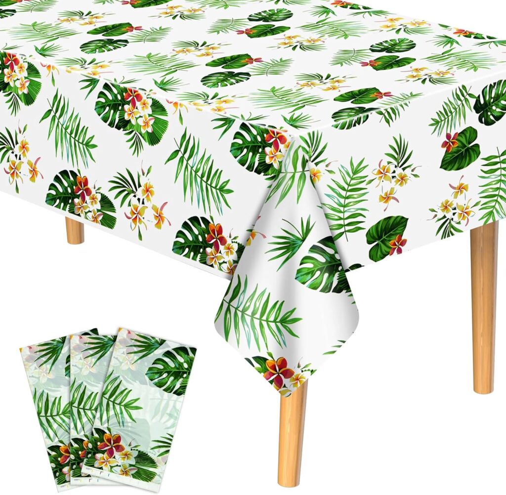 PLULON 3 Pack Hawaiian Tablecloths Plastic Luau Table Cover for Tropical Party Supplies 54 x 108 inch Palm Leaves Table Cloth for Kids Birthday Summer Pool Beach Party Picnic Dining Table Décor