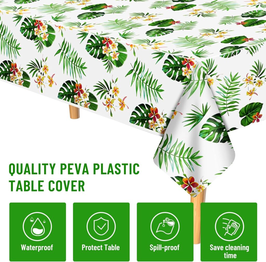 PLULON 3 Pack Hawaiian Tablecloths Plastic Luau Table Cover for Tropical Party Supplies 54 x 108 inch Palm Leaves Table Cloth for Kids Birthday Summer Pool Beach Party Picnic Dining Table Décor