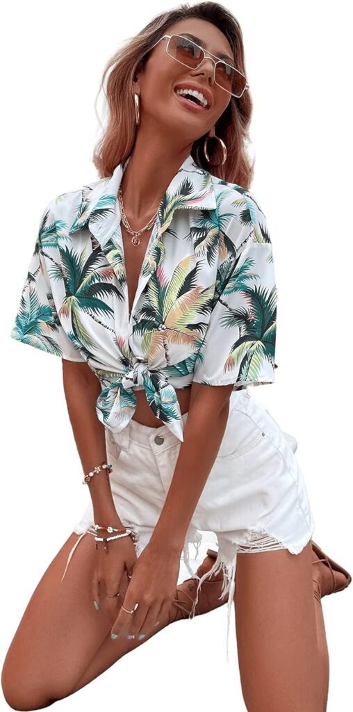 SweatyRocks Womens Short Sleeve Cute Print Button Down Shirt Tops