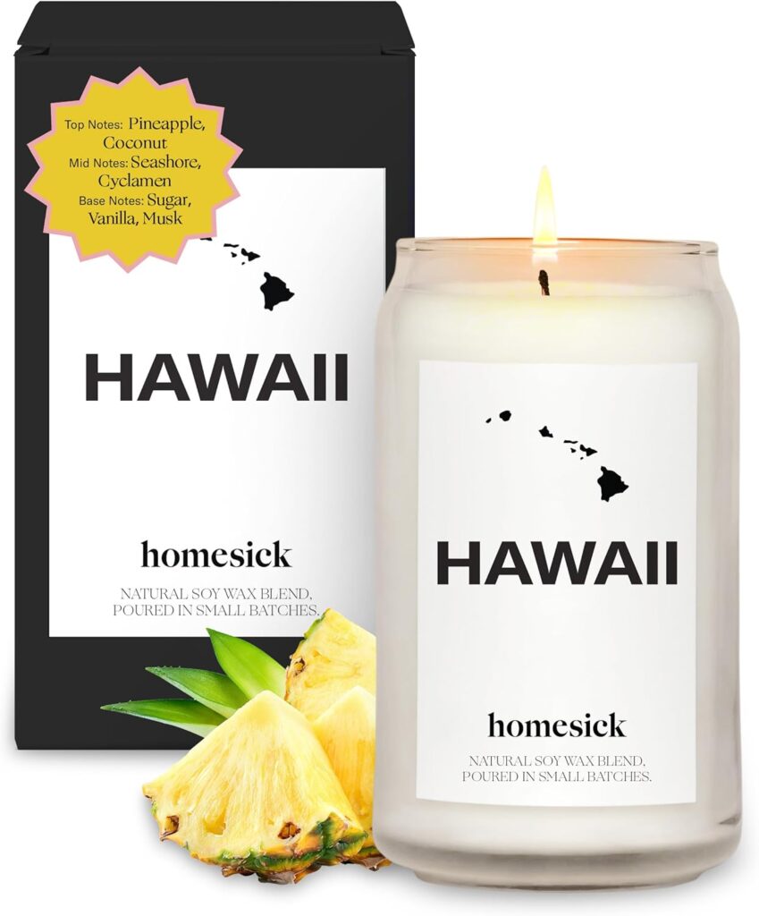 Homesick Hawaii Scented Candle - 13.75 oz Pineapple  Coconut Scented Natural Soy Wax Blend, Island Shore Breeze Candle, Home Decor Gift for Women, Men, Friends, Family, Colleagues, Couples