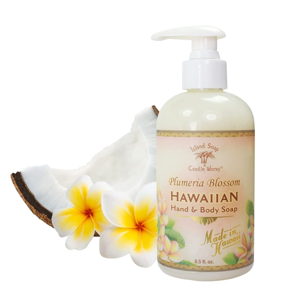 Island Soap  Candle Works Botanical Liquid Hand Soap - Vegan Hand Soap for Men and Women - Luxury Skincare for Bathroom - Hawaiian Gifts for Sensitive Skin - Plumeria - 8.5 Ounce Bottle