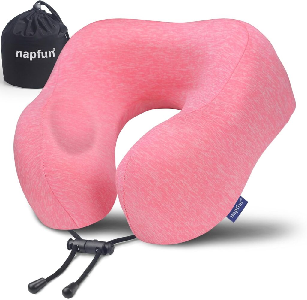 napfun Neck Pillow for Traveling, Upgraded Travel Neck Pillow for Airplane 100% Pure Memory Foam Travel Pillow for Flight Headrest Sleep, Portable Plane Accessories, Light Grey