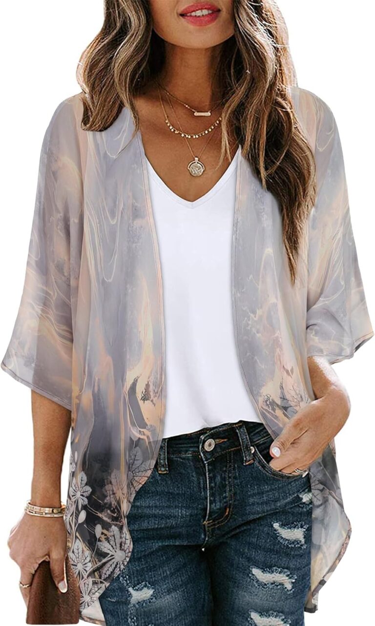 Women's Floral Print Puff Sleeve Kimono Cardigan - Black Flowers Cover Up Blouse