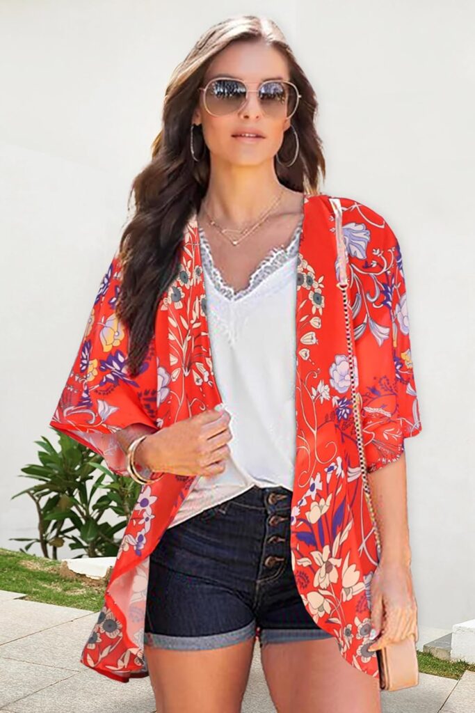 Womens Floral Print Puff Sleeve Kimono Cardigan Loose Cover Up Casual Blouse Tops