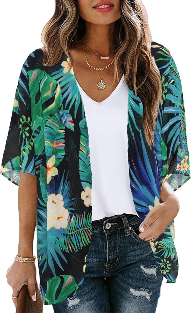 Womens Floral Print Puff Sleeve Kimono Cardigan Loose Cover Up Casual Blouse Tops