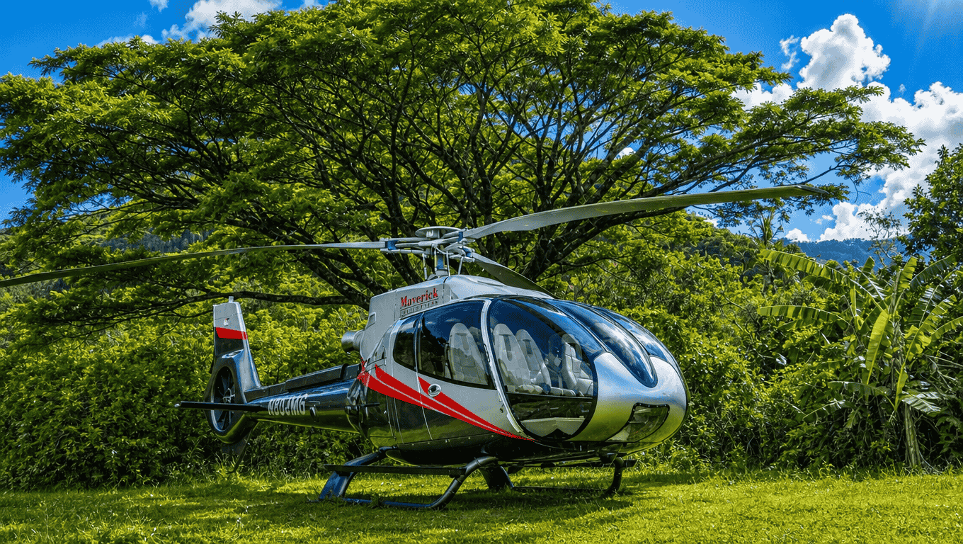 Maverick helicopter landed in the lush Hana Rainforest