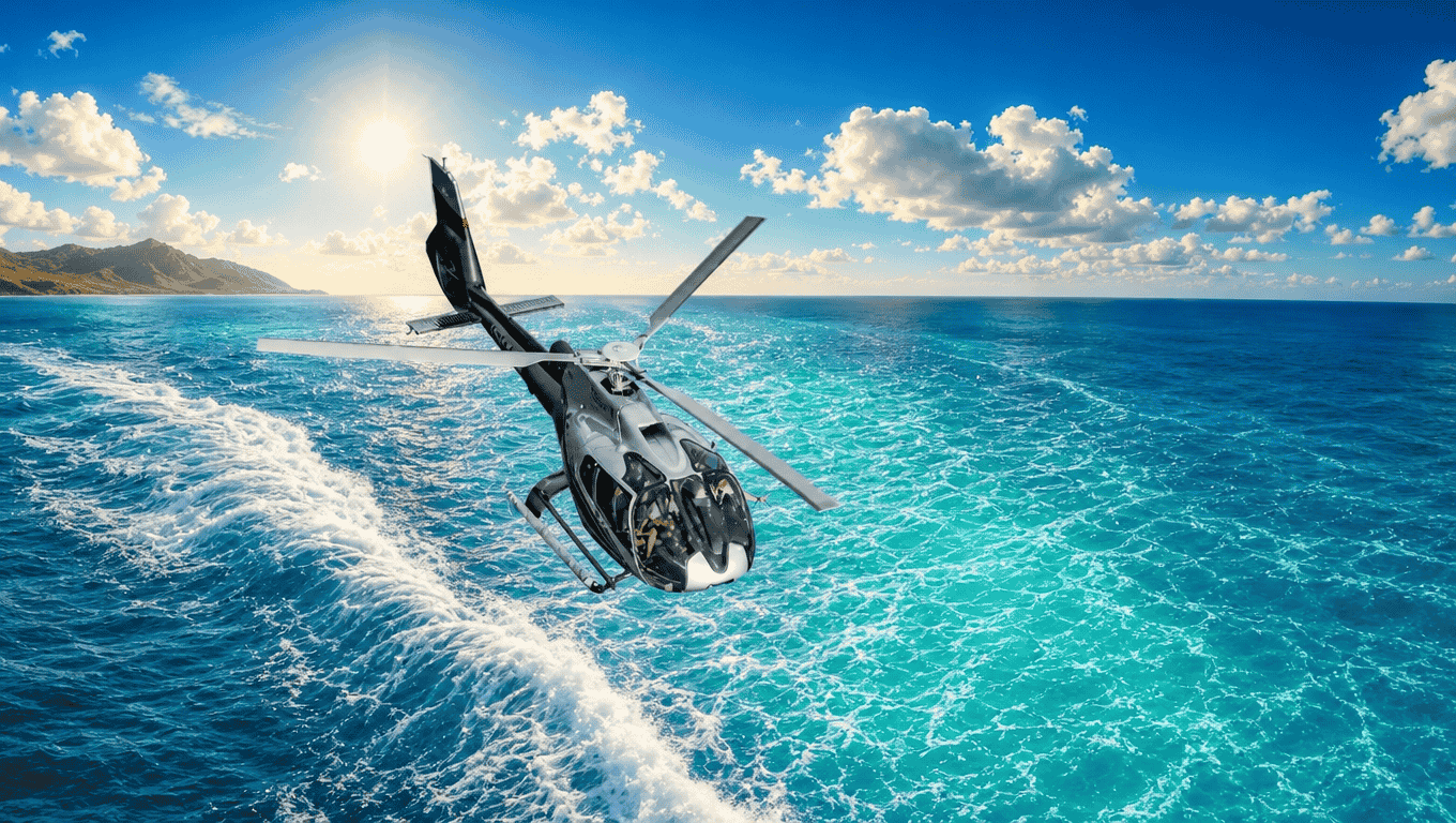 Maverick Helicopter soaring over the Pacific Ocean